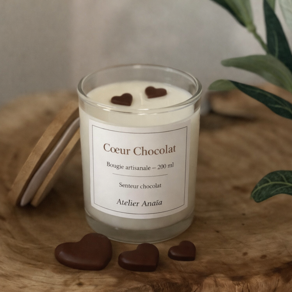 Bougie cœur chocolat + cœurs en cire